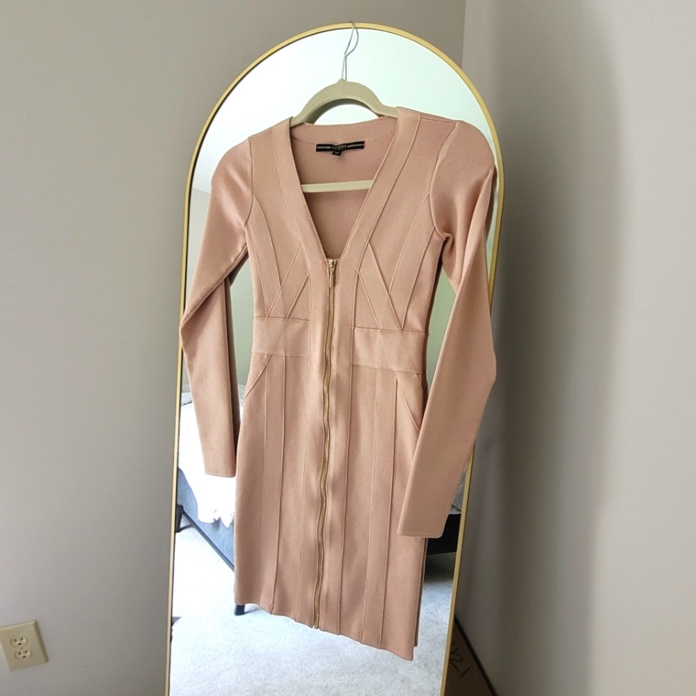 GUESS Zip-Front Long Sleeve Bandage Dress, Cream/Champagne, XS